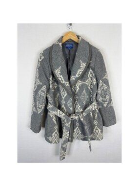 Pendleton Grey White Harding Wool Wrap Coat Shawl Collar Belted Jacket Large